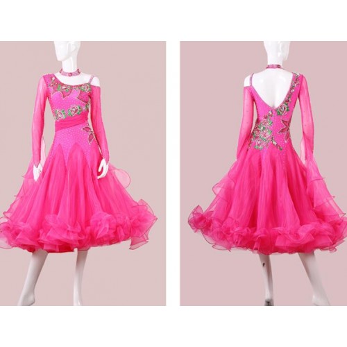 Custom size Fuchsia hot pink competition Ballroom dance dresses for women girls diamond waltz tango foxtort long  bling dress performance gown